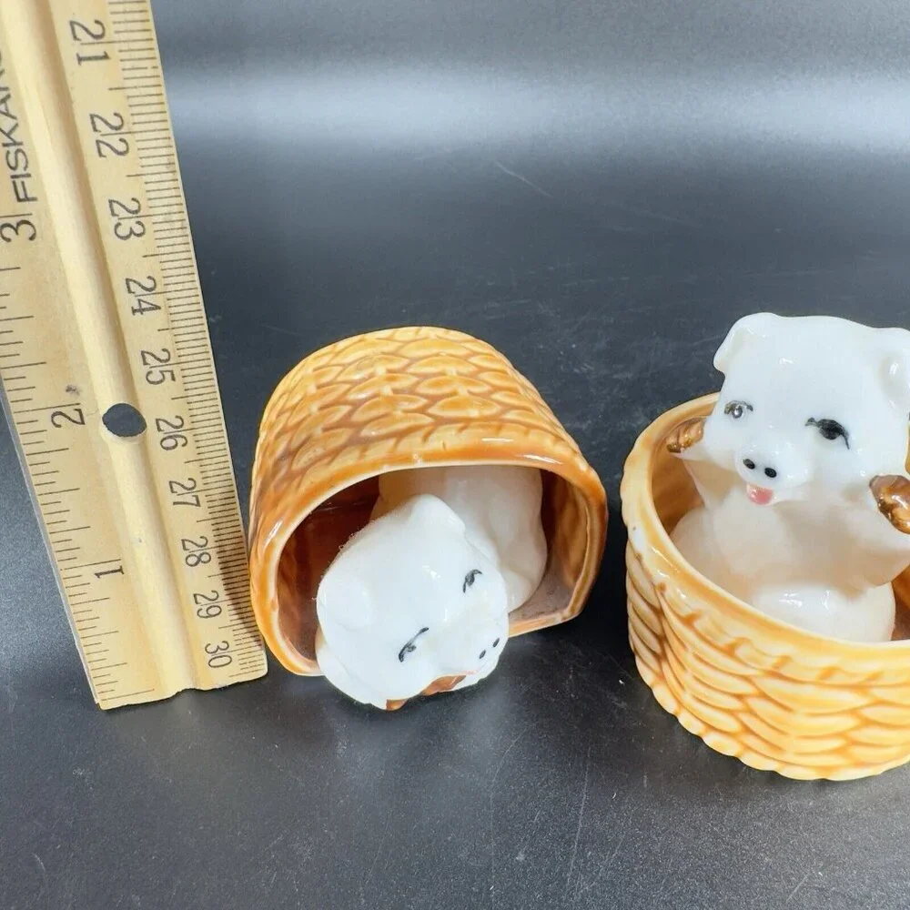 Vintage 1980s Porcelain Pings In Woven Basket Figurine‎ Set Made On Taiwan VTG